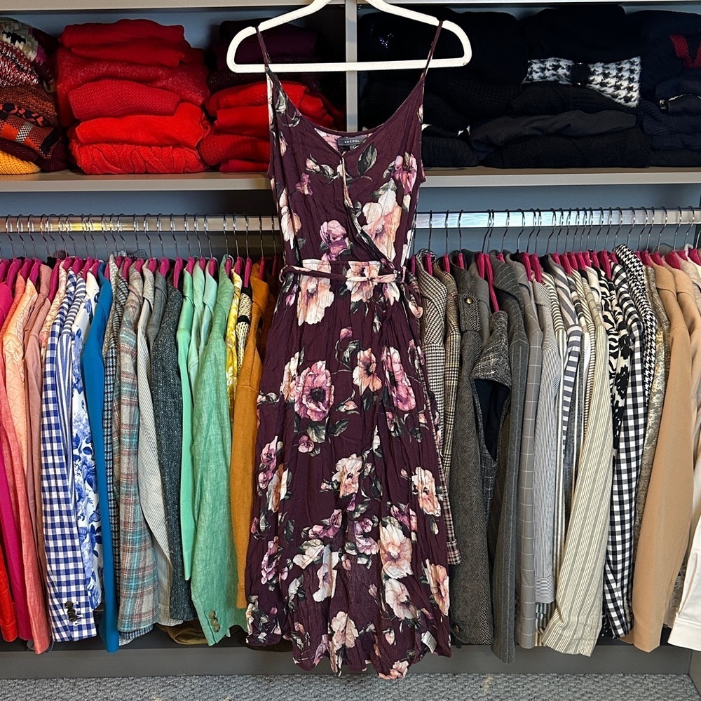 Becool aubergine/pink floral adjustable strap belted high low midi dress size S
